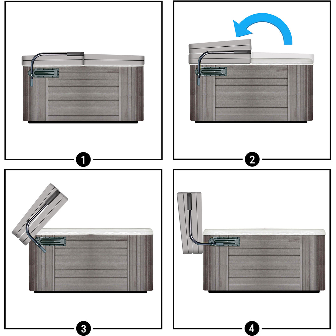 CoverMate I - Side Mount Spa Cover Lift in open and closed position.