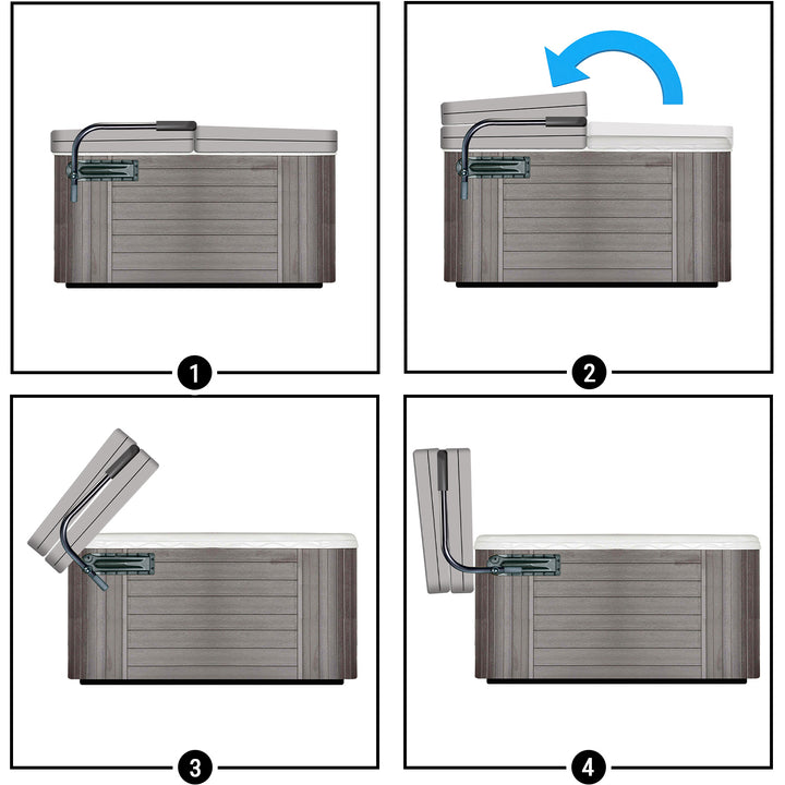 CoverMate I - Side Mount Spa Cover Lift in open and closed position.