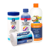 Spa chemical bottles, shock, cleaners, treatments, scum float
