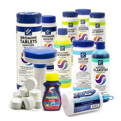 Starter kits, bottles of spa chemicals and sanitizing products
