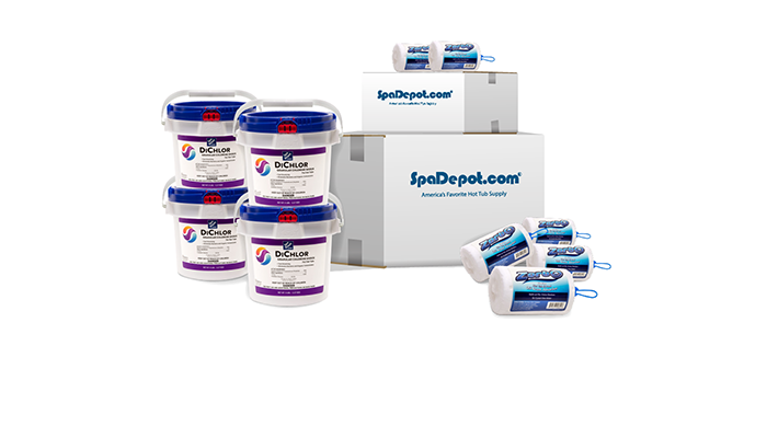 spa depot boxes buckets of dichlor and zorbo scum absorbers
