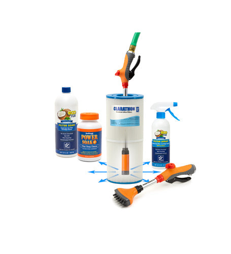 Group of filter cleaning chemicals, filter and hose spray tool on white background