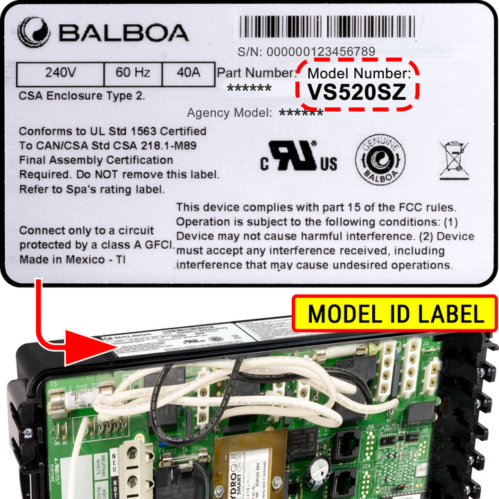 Model ID Label to identify Balboa Circuit Board for VS520SZ Control Systems