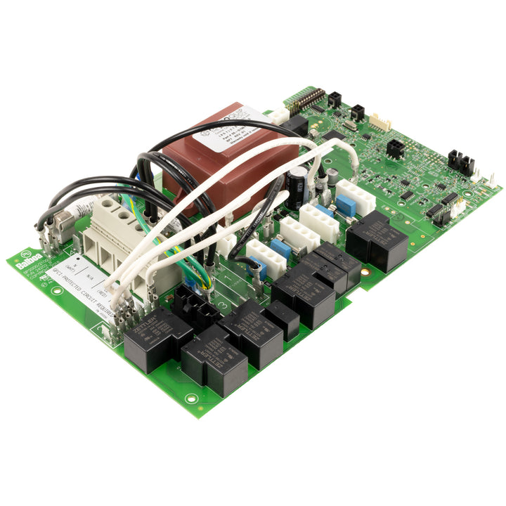 Electronic circuit board with various components on a white background