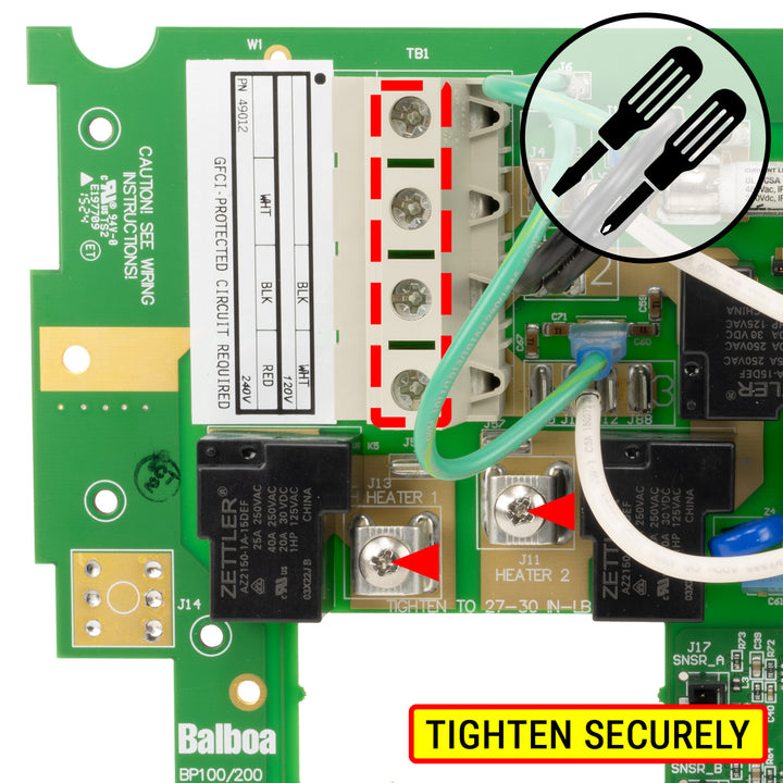 Balboa circuit board with wiring and tools inset