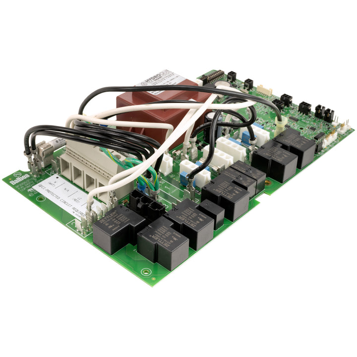 Electronic circuit board with relays and wiring on a white background
