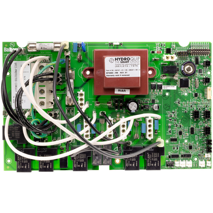 Electronic circuit board with various components on a white background