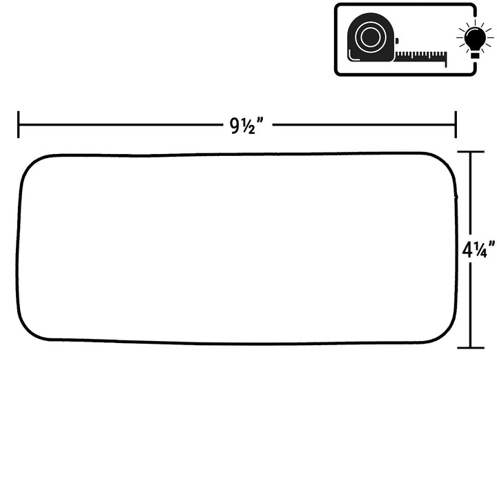 Black line drawing showing the outline of a Dimension One pillow headrest with dimensions labeled 9 1/2 inches wide and 4 1/4 inches tall.