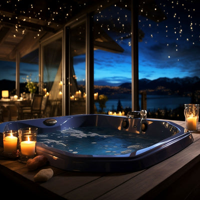 Candlelit hot tub with waterfront view